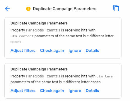 Google analytics notification - Duplicate campaign parameters group