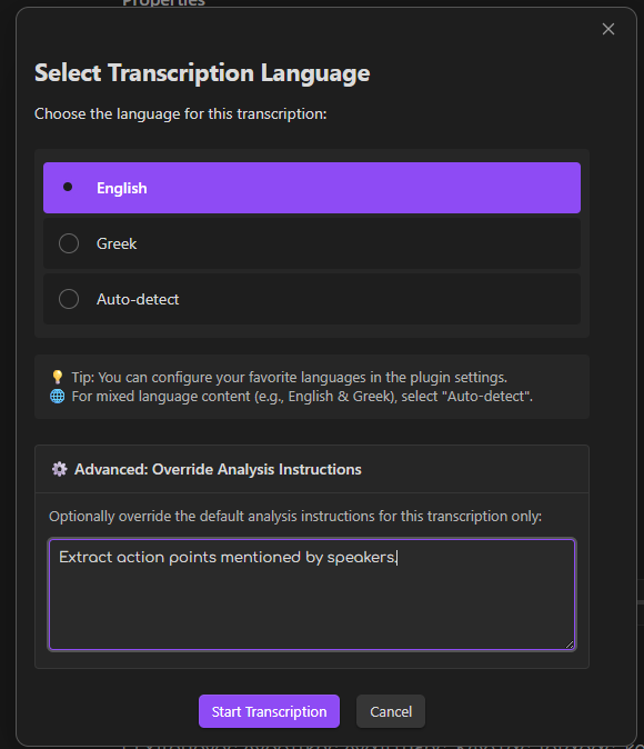 Start Transcription Modal
